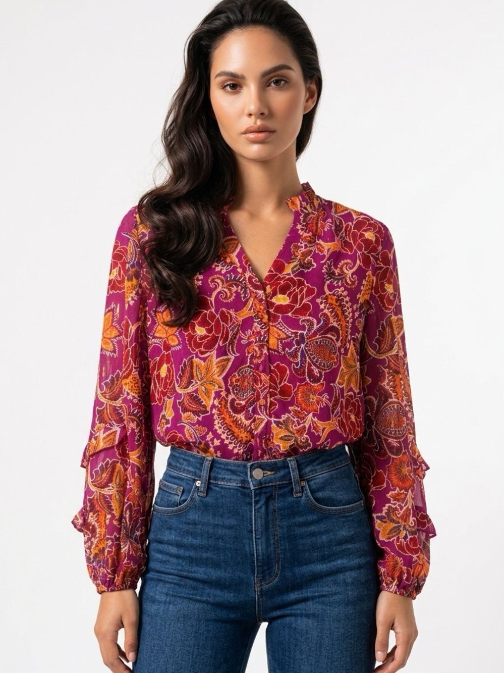 FATE | NEW Floral V-Neck Long-Sleeve Blouse Magenta Floral Women’s Size Small